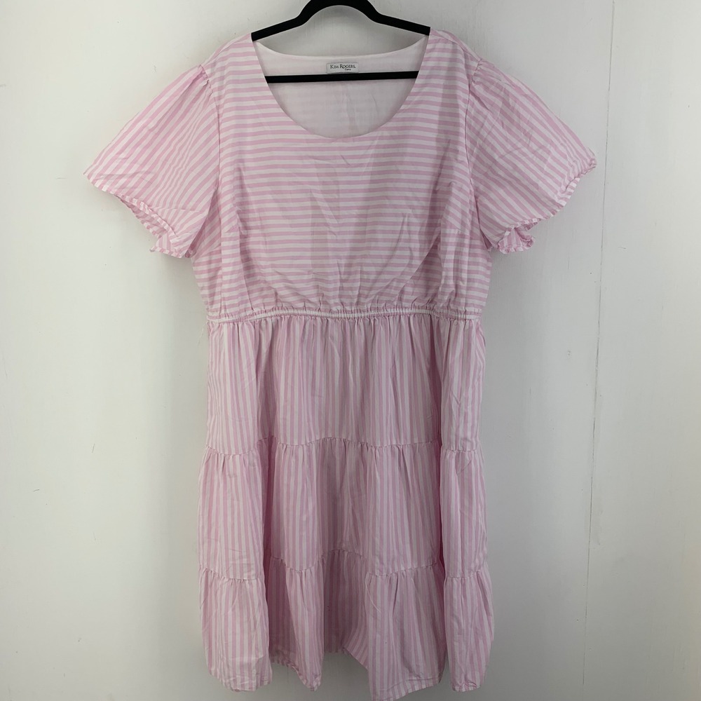 Kim Rogers Curvy Pink White Striped Tiered Midi Dress Coastal Cottage Feminine